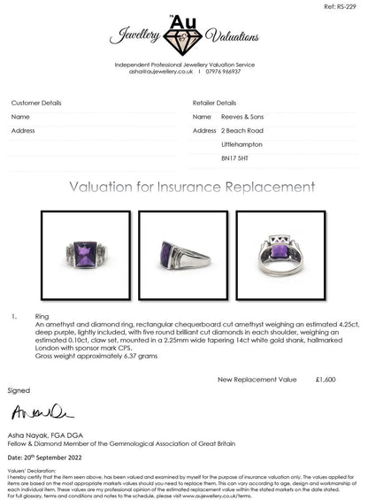 14ct white gold ring featuring a 4.25 carat purple amethyst gemstone accented with small diamonds.