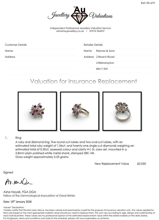 14ct white gold ring with vibrant ruby and sparkling diamond accents, showcasing elegant craftsmanship and luxurious design.