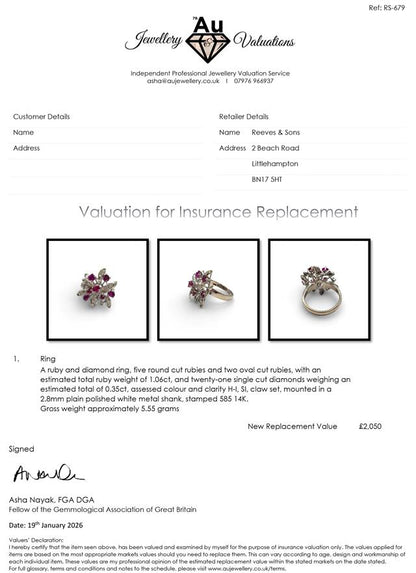 14ct white gold ring with vibrant ruby and sparkling diamond accents, showcasing elegant craftsmanship and luxurious design.