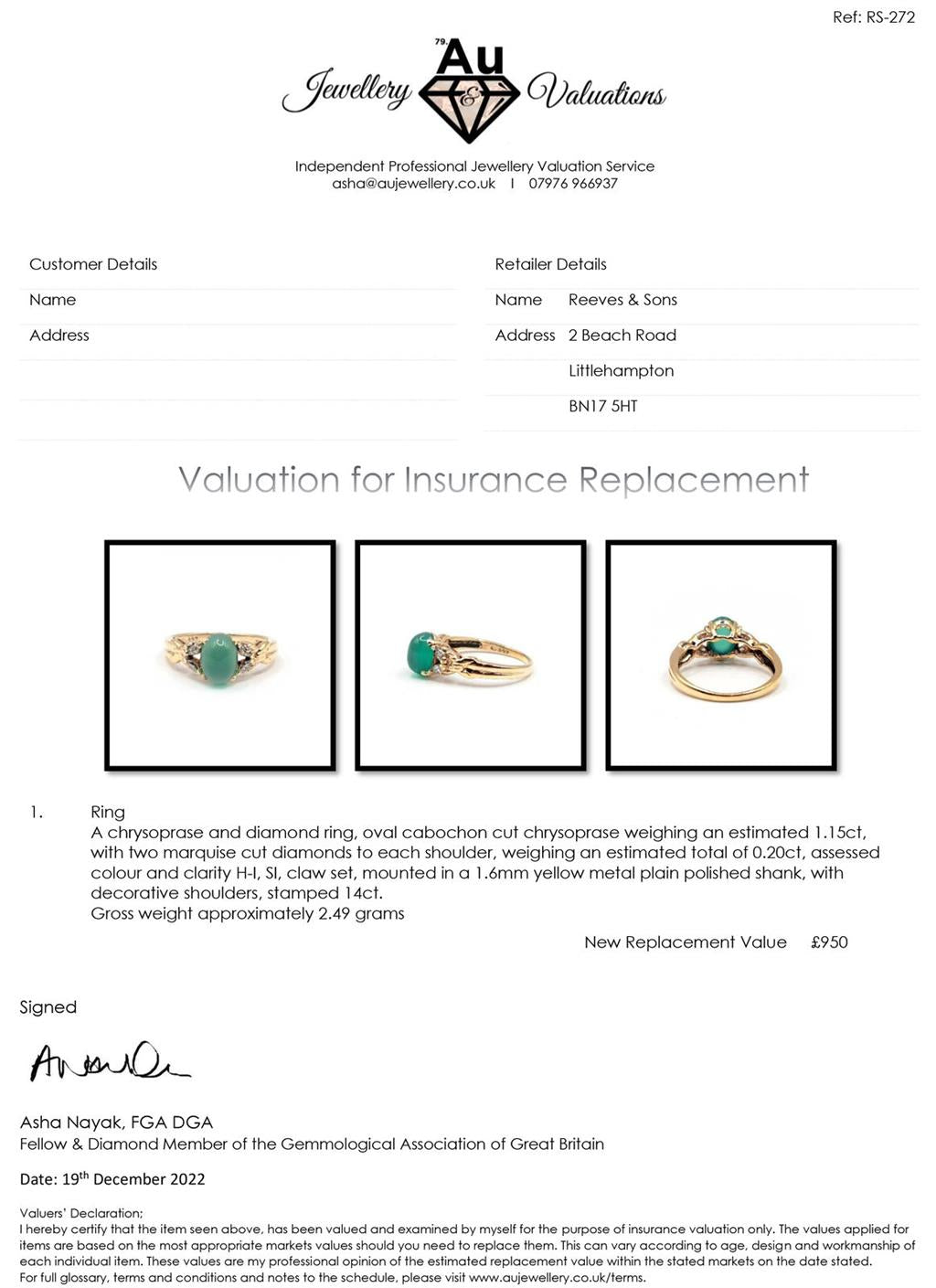14ct yellow gold ring featuring a 1.15 carat chrysoprase gemstone and 0.20 carat diamond accents.