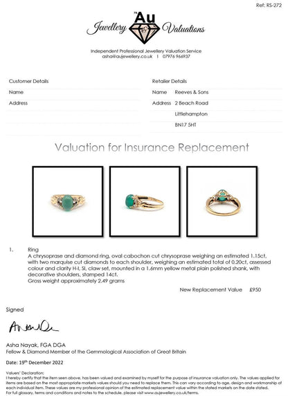 14ct yellow gold ring featuring a 1.15 carat chrysoprase gemstone and 0.20 carat diamond accents.