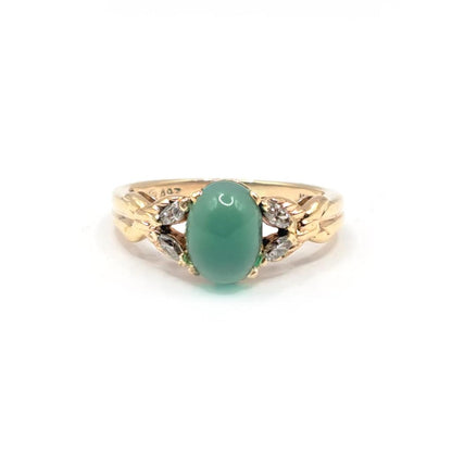 14ct yellow gold ring featuring a 1.15 carat chrysoprase gemstone and 0.20 carat diamonds, elegant jewelry piece.