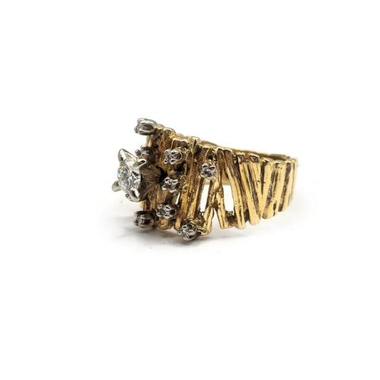 14ct yellow gold diamond ring with intricate band detailing, designed for elegant jewelry wear.