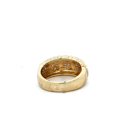 14ct yellow gold diamond ring size K1/2 with sparkling diamonds, elegant jewelry piece featuring a polished band and intricate design.