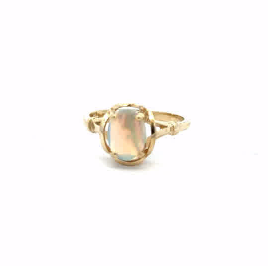 14ct yellow gold opal ring in size N with a vibrant opal gemstone, showcasing elegant craftsmanship and a polished finish.