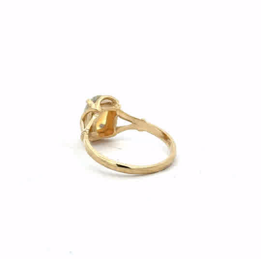14ct yellow gold opal ring in size N with a vibrant opal gemstone, featuring a simple band design.