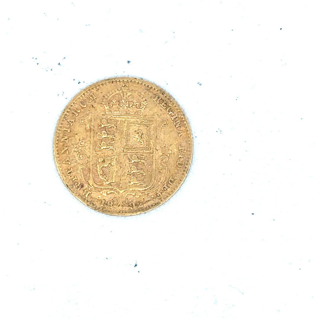 1892 half sovereign coin, 4g, silver, vintage UK currency, detailed coin with historical design and inscription