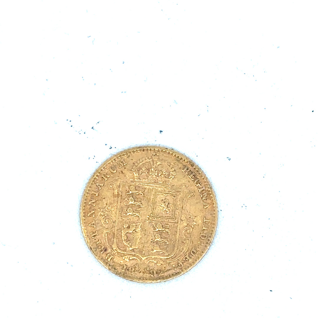 1892 half sovereign coin, 4g, unbranded, gold Victorian coin with detailed historical design and inscriptions.