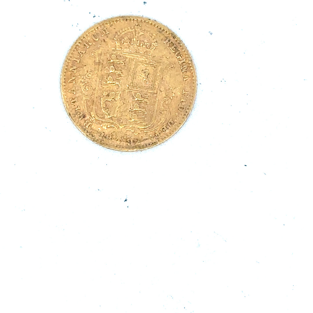 1892 half sovereign coin, 4g, featuring detailed historical design, unbranded, close-up view of the gold coin.