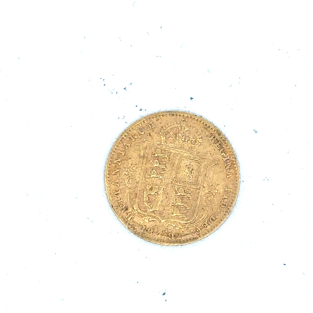 1892 half sovereign gold coin, 4g, unbranded, showing detailed vintage coin design and inscription.