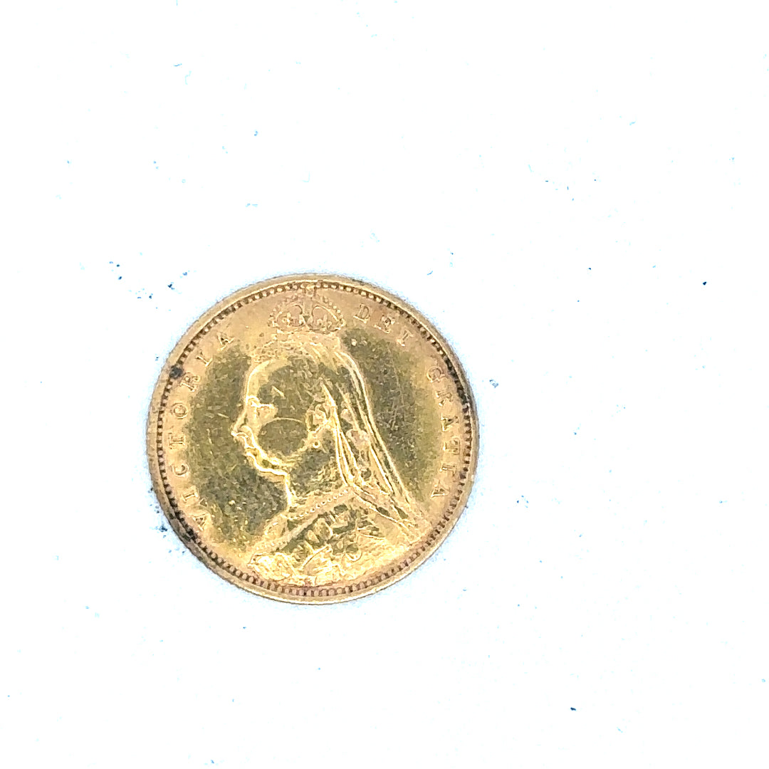 1892 unbranded half sovereign coin, 4g, featuring historical design, shown on a neutral background.