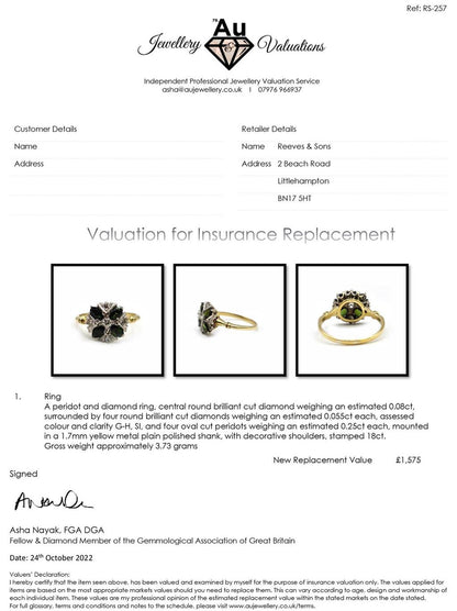 18ct gold ring with a 1-carat peridot gemstone and diamond accents, showcasing a elegant jewelry design.