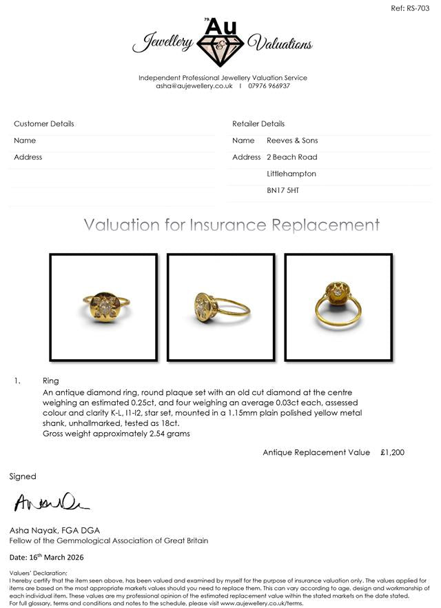 Antique 18ct yellow gold diamond ring with intricate detailing, featuring sparkling diamonds in a vintage style.
