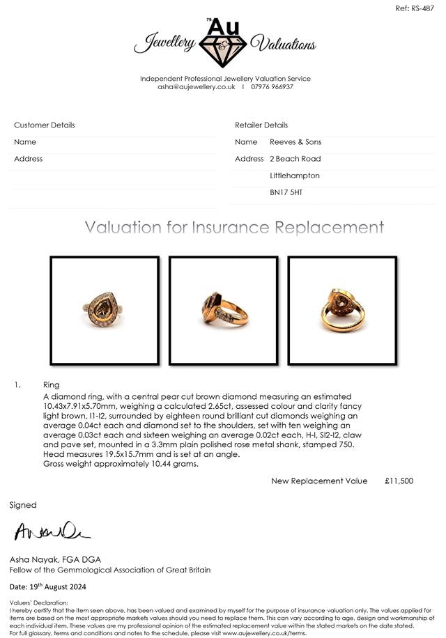 18ct rose gold brown diamond ring with 2.65 carat pear cut gemstone, featuring an elegant design and unbranded craftsmanship.
