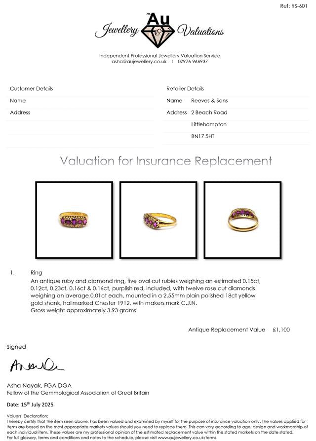 18ct ruby and diamond ring with a gold band, showcasing vibrant red rubies and sparkling diamonds in an elegant jewelry piece