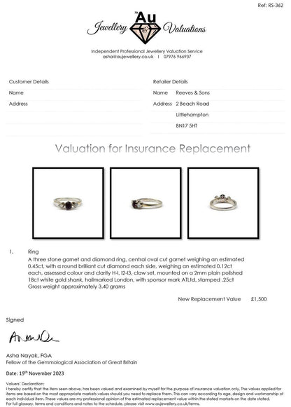 18ct white gold ring with 0.24ct diamond and 0.45ct garnet, featuring elegant design and sparkling gemstones.