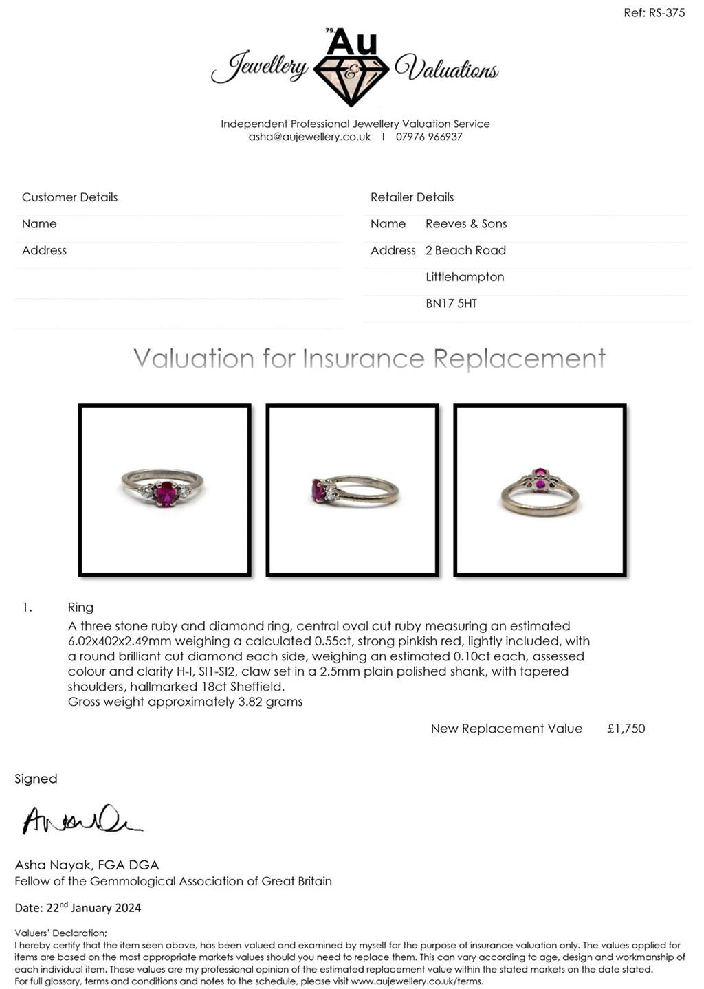 18ct white gold ring with a 0.55 carat ruby and 0.20 carat diamond accents, showcasing elegant jewelry design.