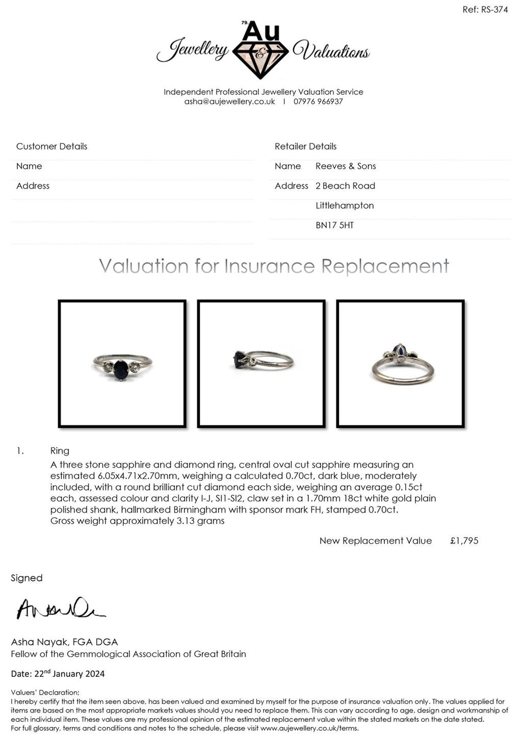 18ct white gold sapphire ring featuring a 0.70 carat main sapphire and 0.30 carat accent sapphires, elegant jewelry piece.