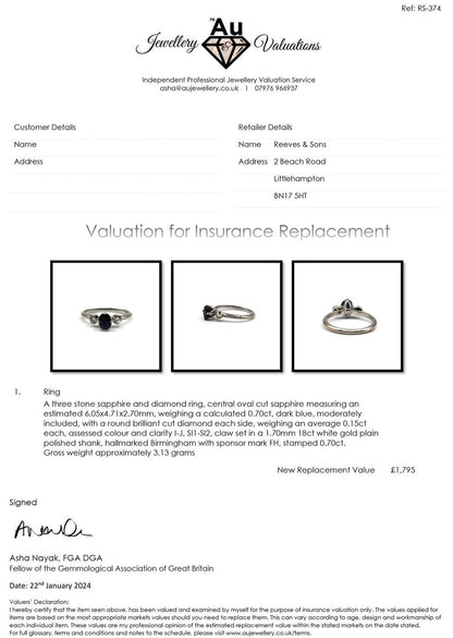 18ct white gold sapphire ring featuring a 0.70 carat main sapphire and 0.30 carat accent sapphires, elegant jewelry piece.