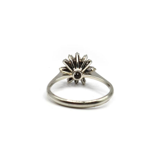 18ct white gold diamond cluster ring featuring a 0.81 carat total weight with sparkling diamonds and a classic design.