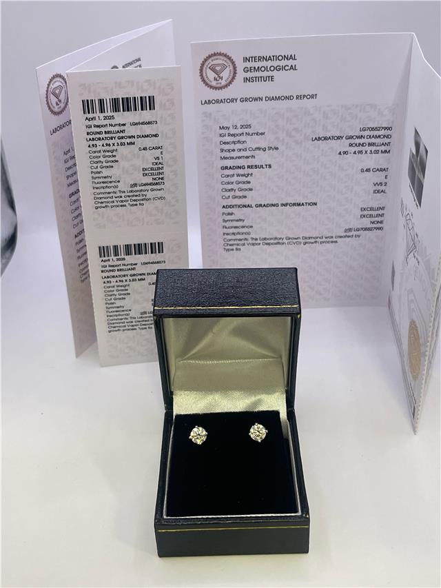 18ct white gold lab diamond earring with 0.9 carats, showcasing a sparkling gemstone and elegant design.
