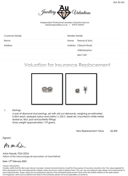 18ct white gold diamond stud earrings with 0.90 carats of sparkling diamonds, showcasing elegant, classic jewelry design.