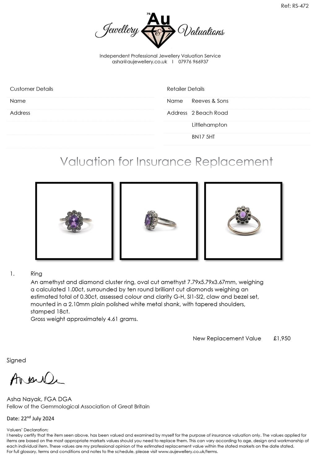 18ct white gold ring with 1.00 carat amethyst and 0.30 carat diamond, size P1/2, featuring a stunning gemstone centerpiece.