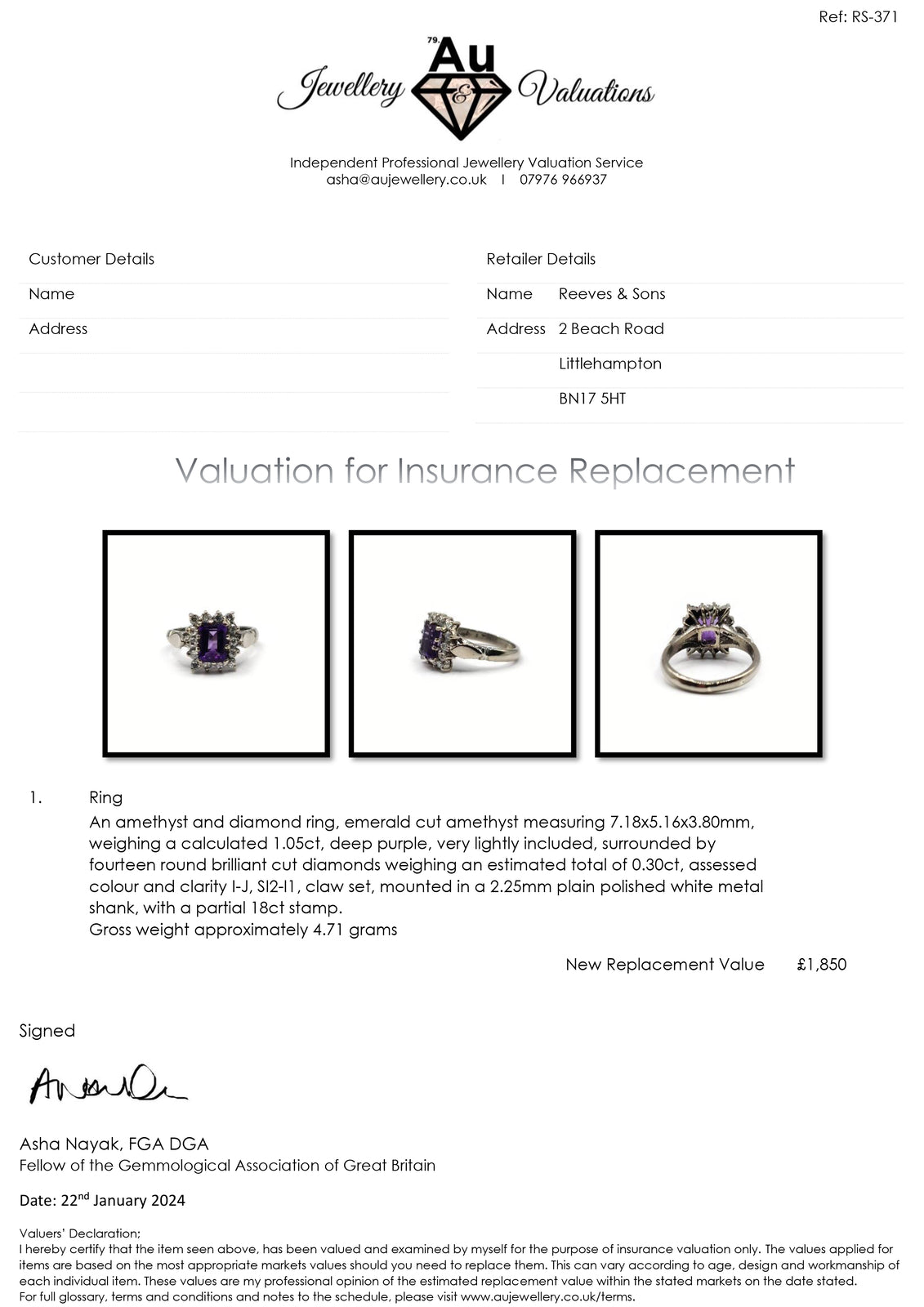 18ct white gold ring with 1.05ct emerald cut amethyst and 0.30ct diamond accents, elegant jewelry piece.