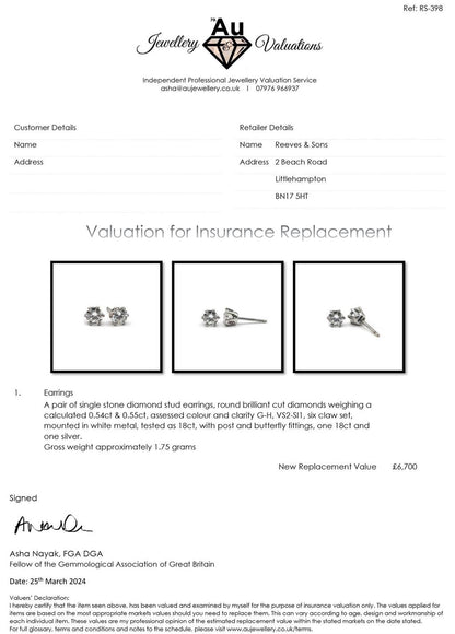 18ct white gold diamond stud earrings with 1.09 carat single stone, showcasing a sparkling diamond set in elegant white gold.