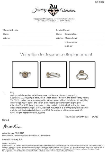 18ct white gold ring featuring a 1.15ct fancy yellow diamond and a 0.60ct diamond halo with VS1 clarity.