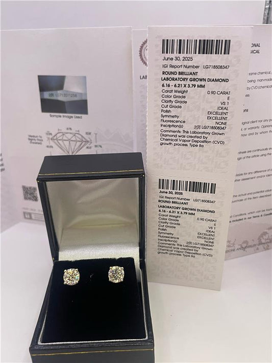 18ct white gold lab-created diamond earrings with 1.80 carats, color E, Vs1 clarity, IGI certification, elegant jewelry piece