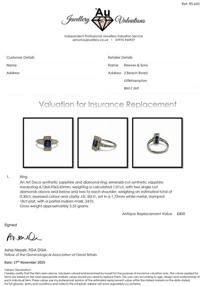 18ct white gold and platinum diamond and sapphire ring with a detailed design, featuring sparkling gemstones.