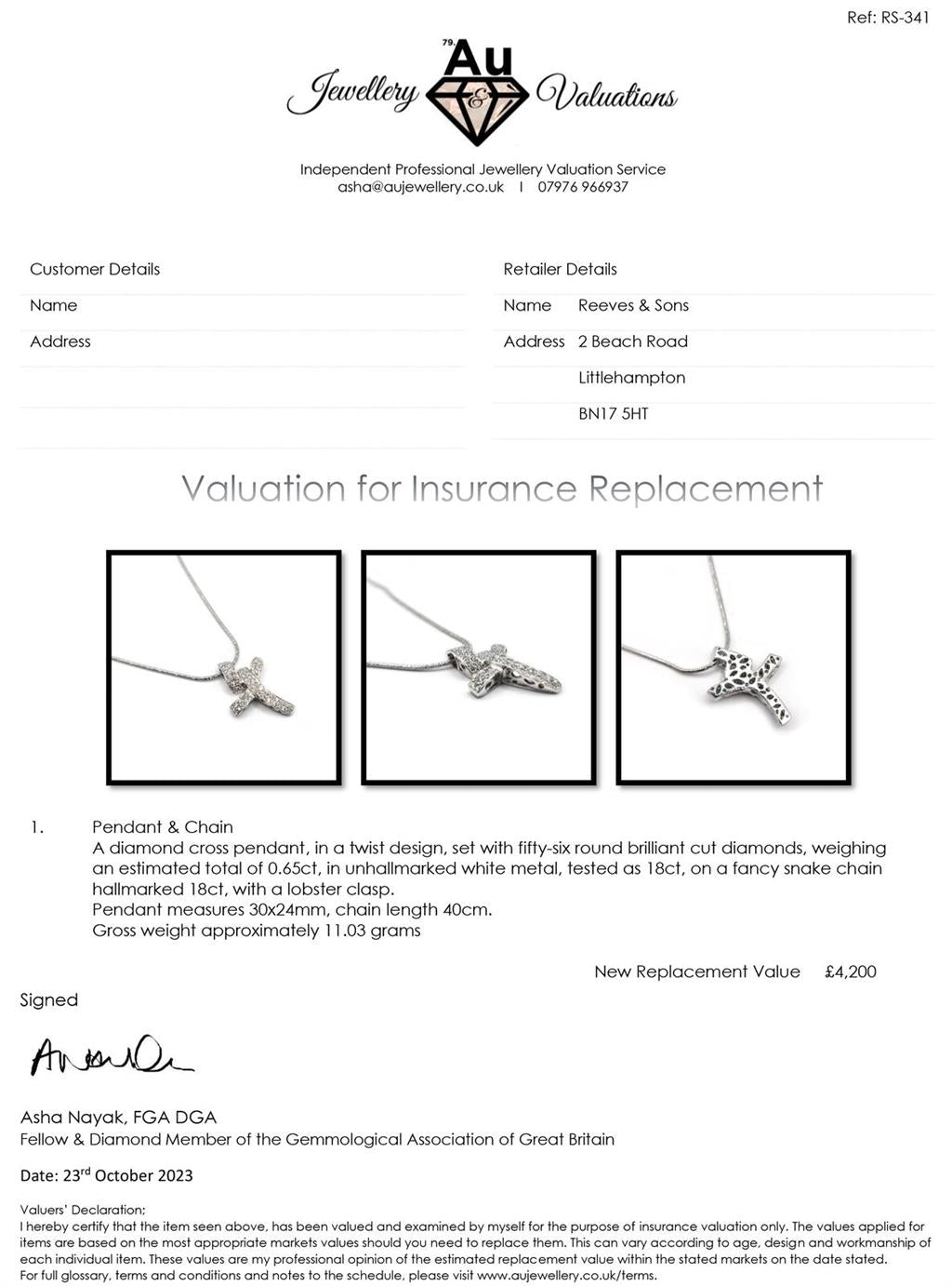18ct white gold chain with a 0.65-carat diamond twist design cross, showcasing elegant jewelry craftsmanship.
