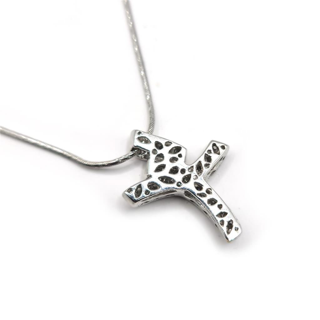 18ct white gold chain with a 0.65 carat diamond twist cross pendant, showcasing elegant jewelry craftsmanship.