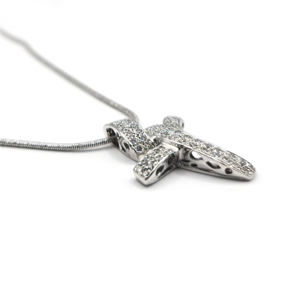 18ct white gold chain with a 0.65 carat diamond twist design cross pendant, showcasing elegant jewelry craftsmanship.