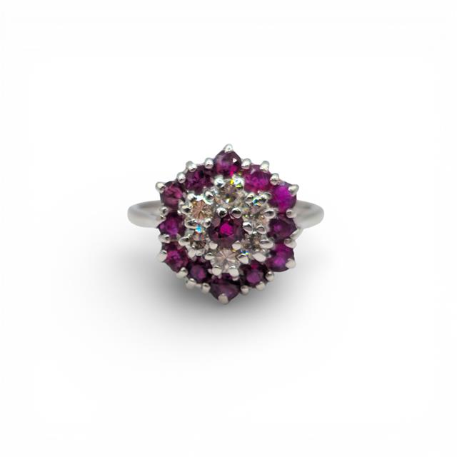 18ct white gold diamond and ruby ring featuring sparkling diamonds and vibrant rubies, elegant jewelry piece.
