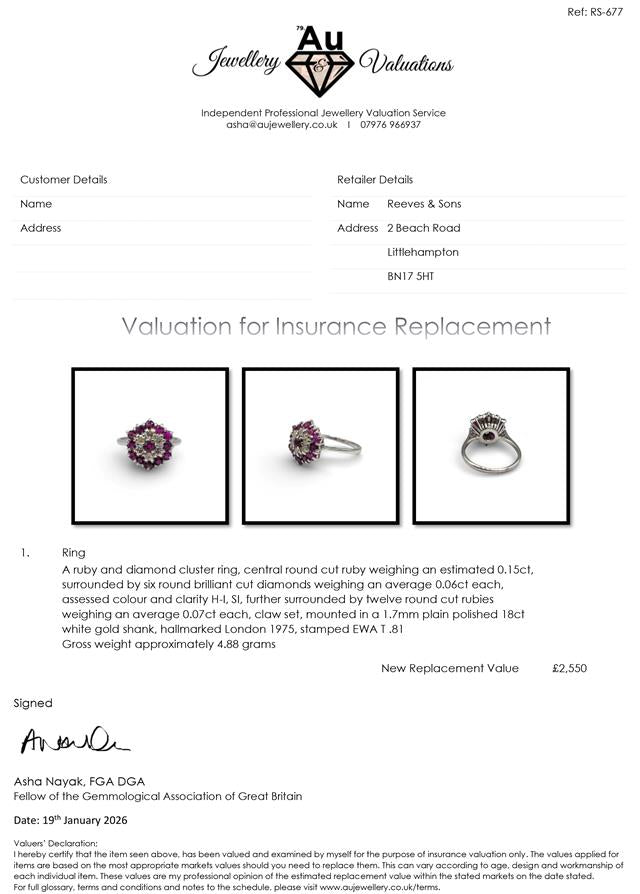 18ct white gold diamond and ruby ring with sparkling gemstone accents, elegant and luxurious jewelry piece.
