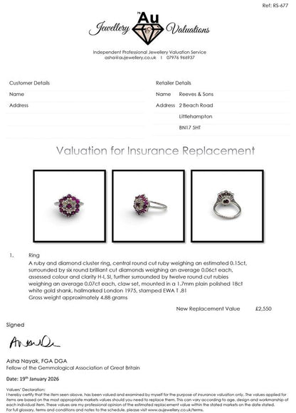 18ct white gold diamond and ruby ring with sparkling gemstone accents, elegant and luxurious jewelry piece.