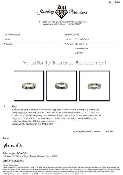 18ct white gold diamond and sapphire half eternity ring showing alternating gemstones and elegant band detail.