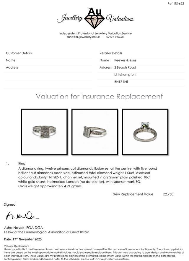 18ct white gold diamond ring in size J1/2 with sparkling diamonds, featuring a sleek, elegant design.