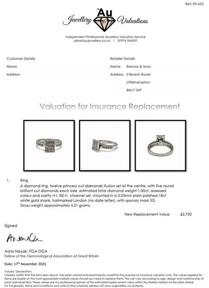 18ct white gold diamond ring in size J1/2 with sparkling diamonds, featuring a sleek, elegant design.