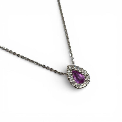 18ct white gold pendant with pink sapphire and diamond accents, elegant jewelry piece with intricate design.