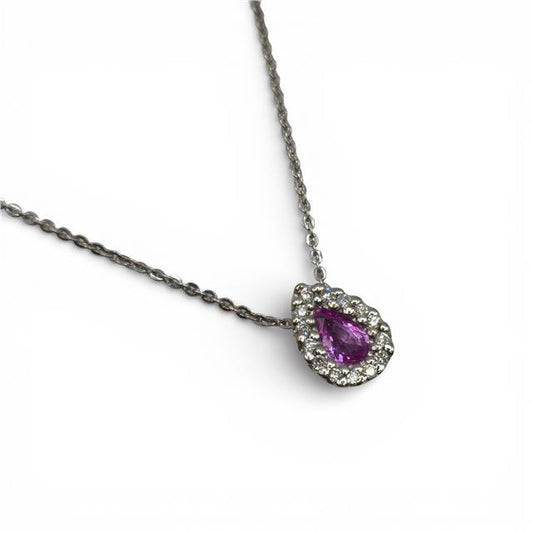 18ct white gold pendant with pink sapphire and diamond accents, elegant jewelry piece with intricate design.