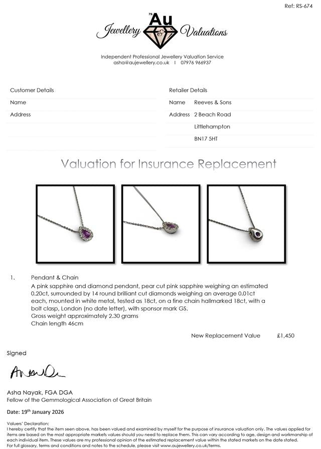18ct white gold pendant with pink sapphire and diamonds, featuring a delicate design and sparkling gemstone accents.