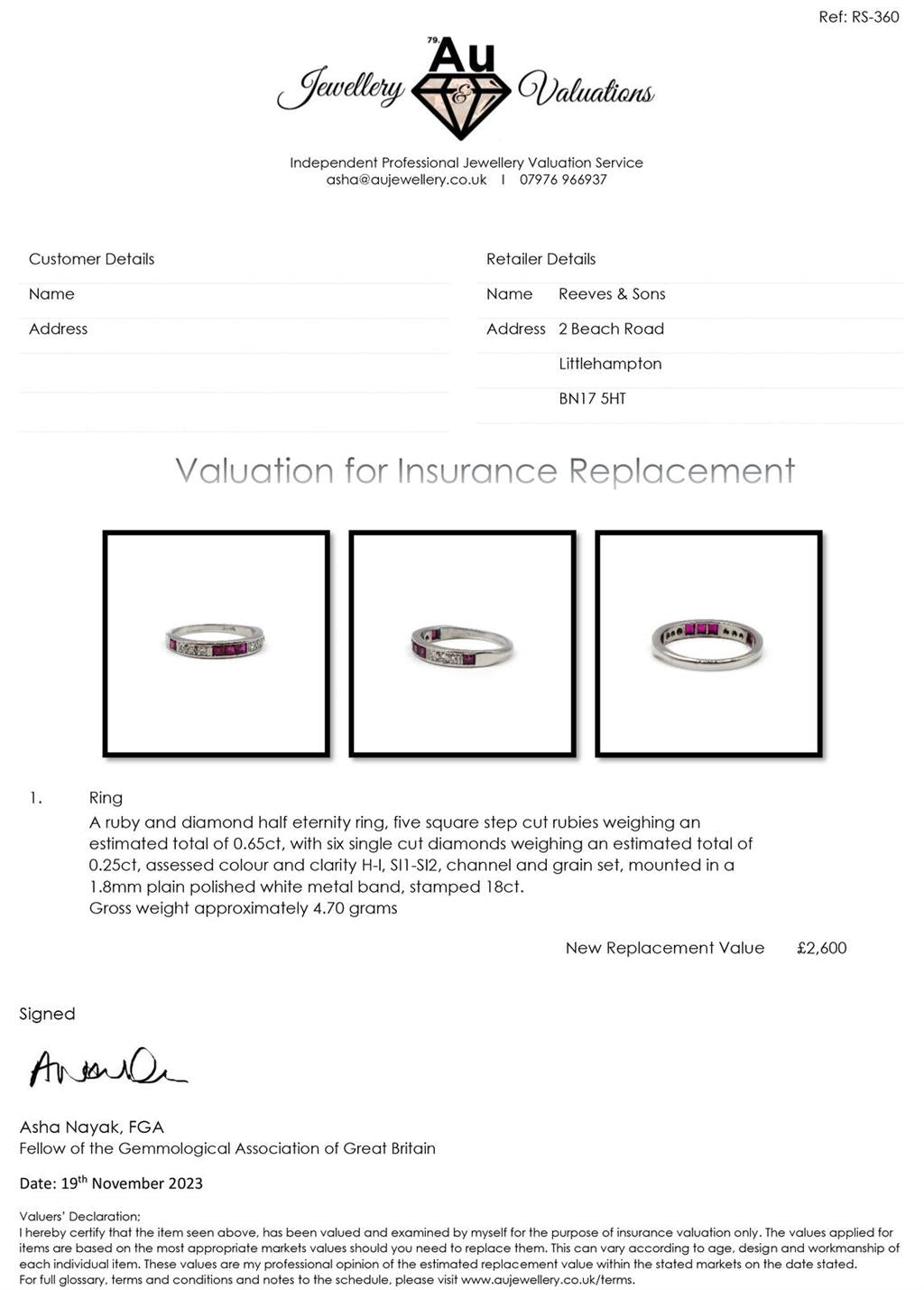 18ct white gold ruby and diamond half eternity ring with alternating gemstones and a sleek, elegant design.