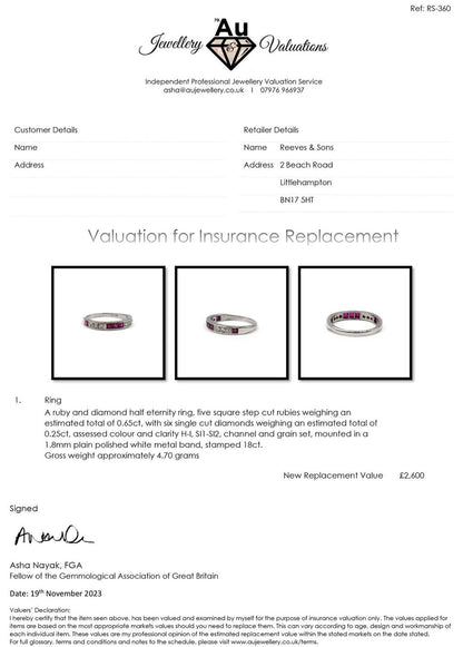 18ct white gold ruby and diamond half eternity ring with alternating gemstones and a sleek, elegant design.