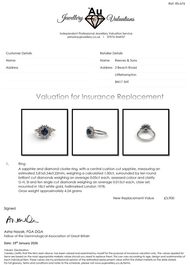 18ct white gold sapphire and diamond ring featuring a central sapphire gemstone with surrounding diamonds.
