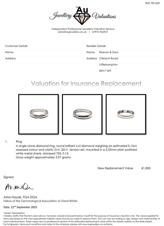 18ct white gold single diamond ring with a sparkling solitaire diamond, elegant and timeless jewelry piece.