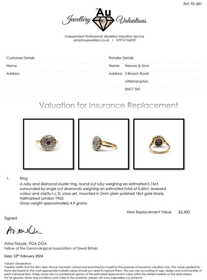 18ct yellow gold ruby and diamond cluster ring, size Q, featuring a 0.15 carat ruby and 0.60 carat diamonds.