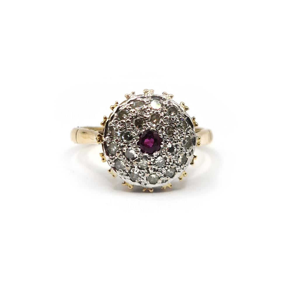 18ct yellow gold ruby and diamond cluster ring, size Q, featuring 0.15 carat ruby and 0.60 carat diamonds in a sparkling design
